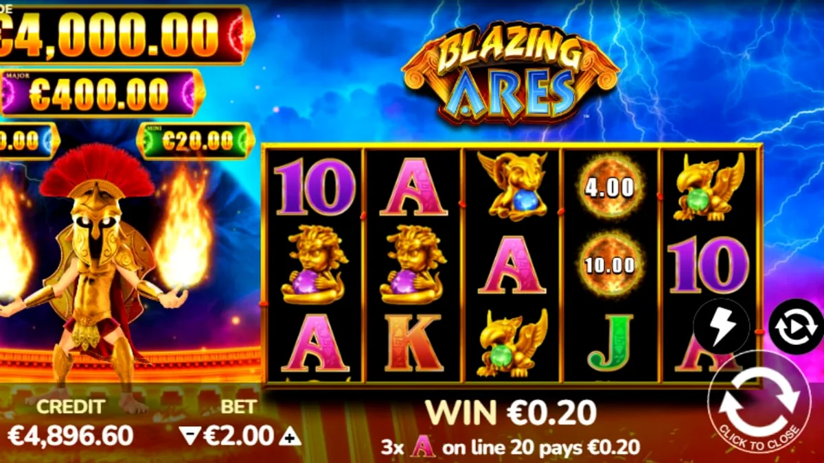Tampilan visual slot Blazing Ares dengan tema dewa perang Yunani dan api.