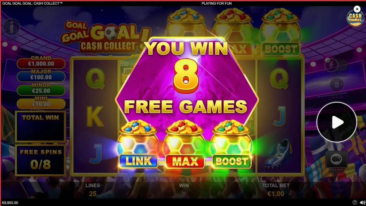 Tampilan visual stadion sepak bola dalam permainan slot Goal Goal Goal: Cash Collect