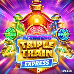 Tampilan visual neon cyberpunk dari slot Triple Train Express